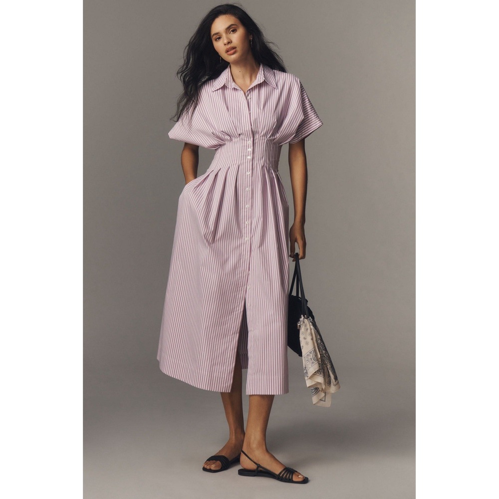 Exquise Tobie Button-Front Pleated Midi Shirt Dress Lilac Stripe Womens XL